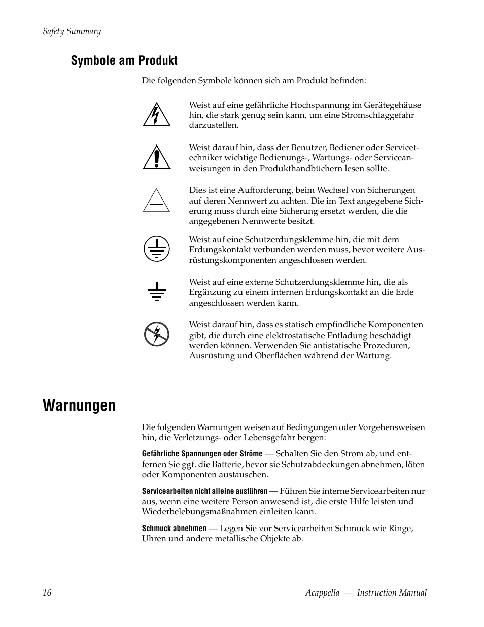 Warnungen, Symbole am produkt | Grass Valley Acappella v.3.2.4 User Manual | Page 16 / 128