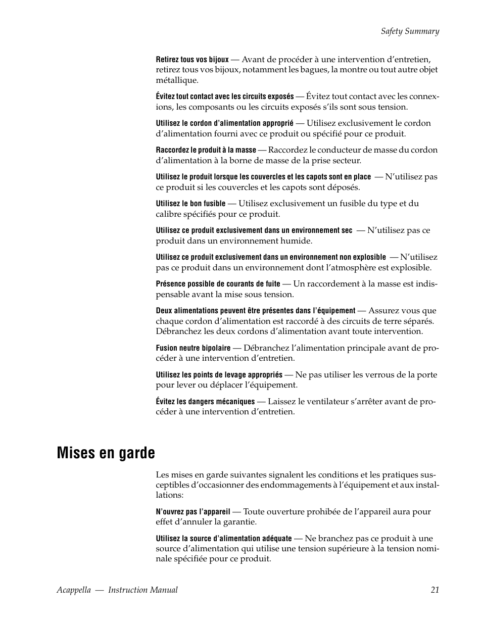 Mises en garde | Grass Valley Acappella v.3.2.4 User Manual | Page 21 / 128