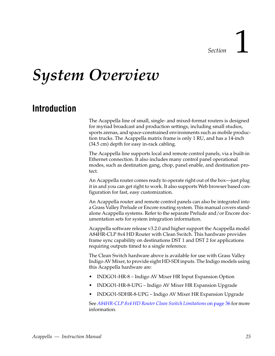 System overview, Introduction, Section 1 — system overview | Grass Valley Acappella v.3.2.4 User Manual | Page 25 / 128