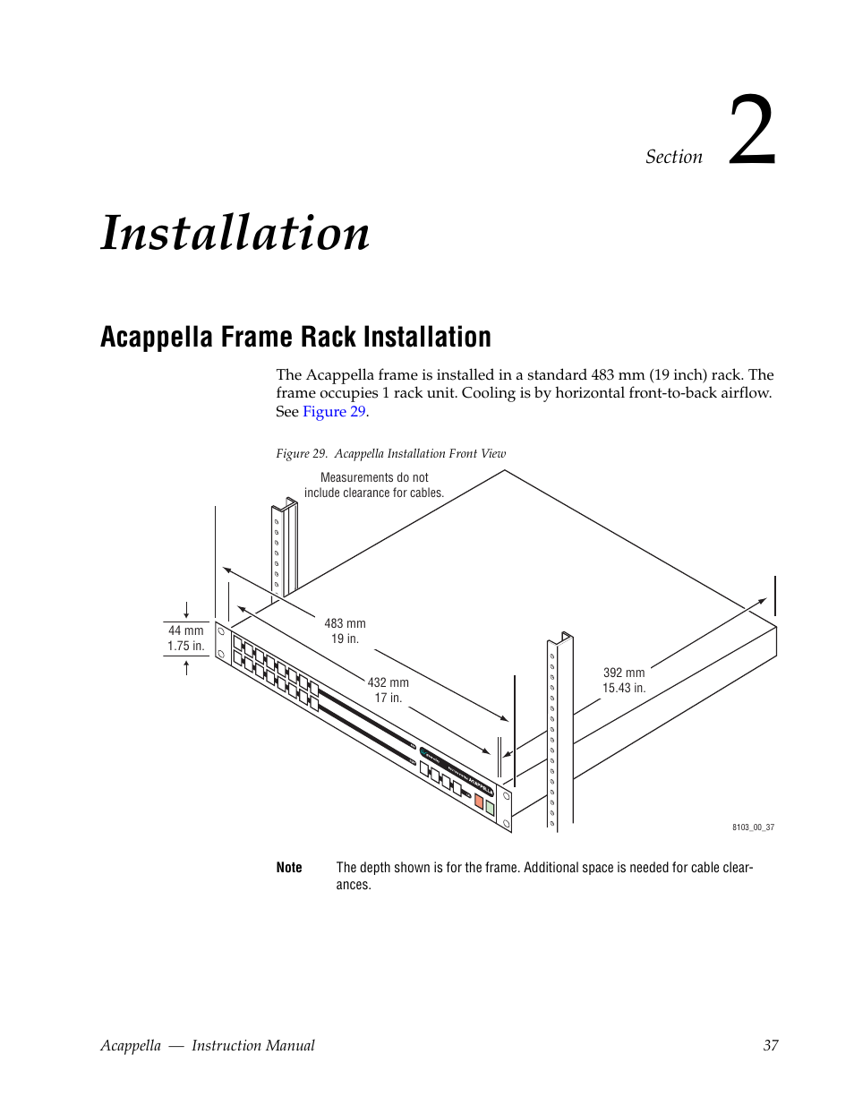 Installation, Acappella frame rack installation, Section 2 — installation | Grass Valley Acappella v.3.2.4 User Manual | Page 37 / 128