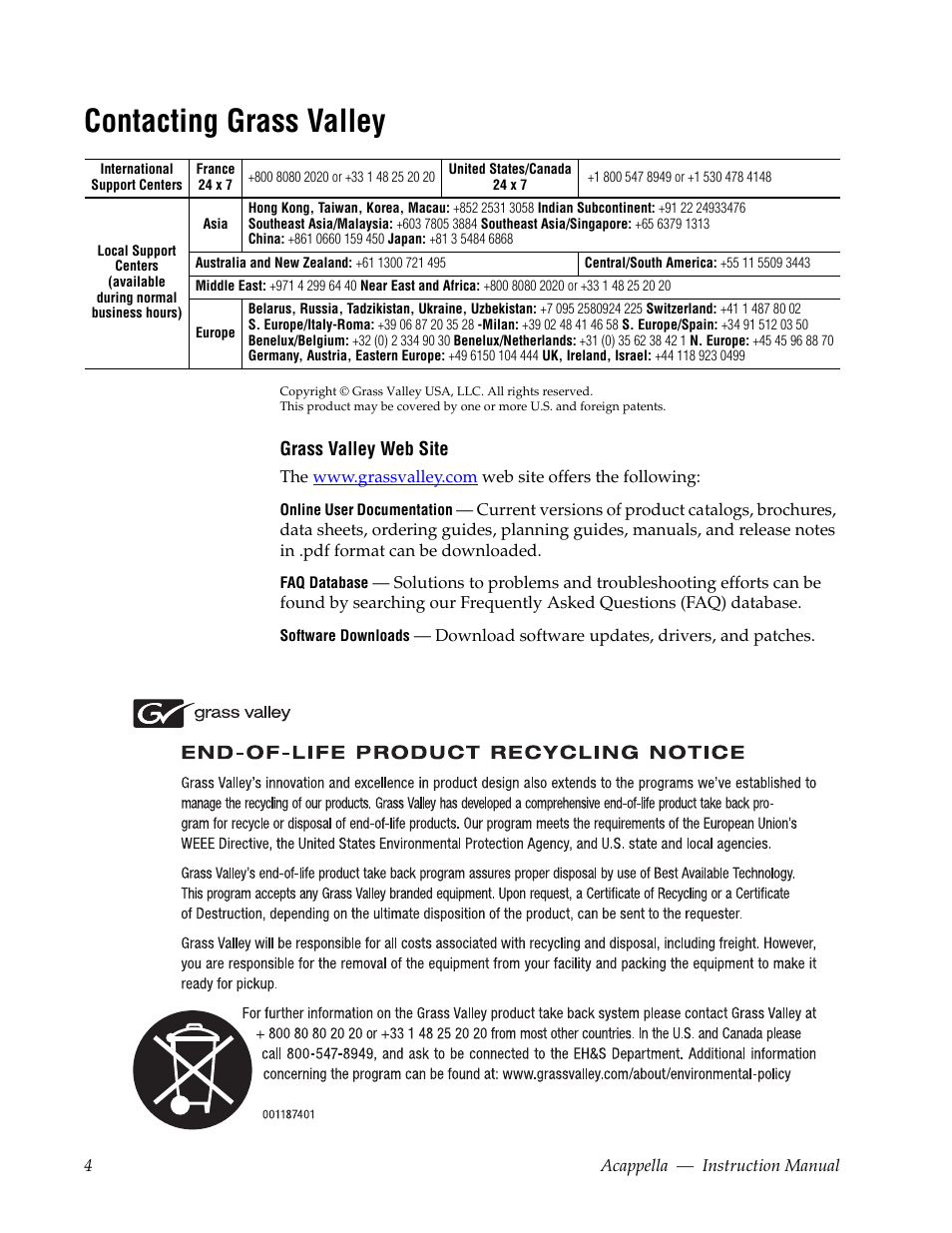 Contacting grass valley | Grass Valley Acappella v.3.2.4 User Manual | Page 4 / 128