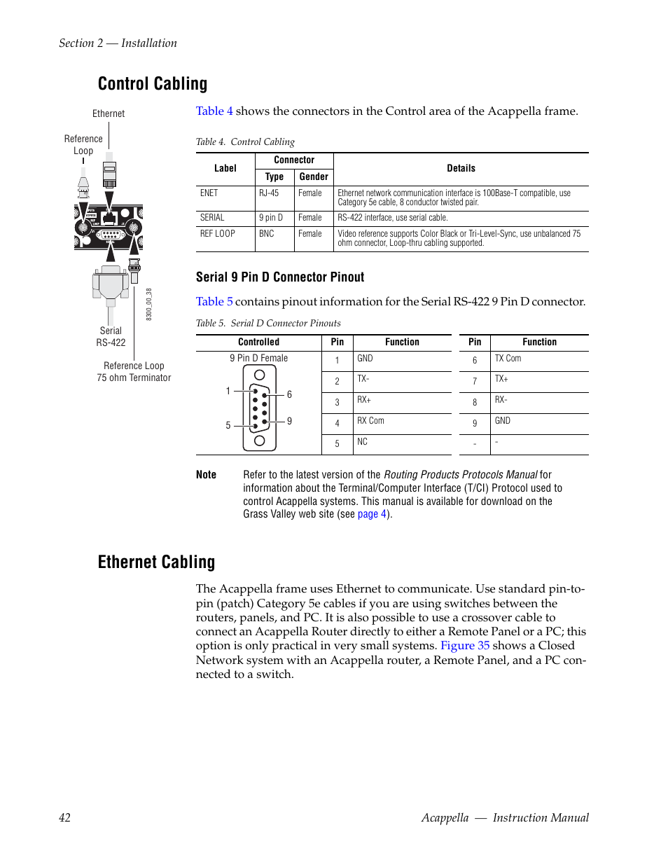 Control cabling, Ethernet cabling | Grass Valley Acappella v.3.2.4 User Manual | Page 42 / 128