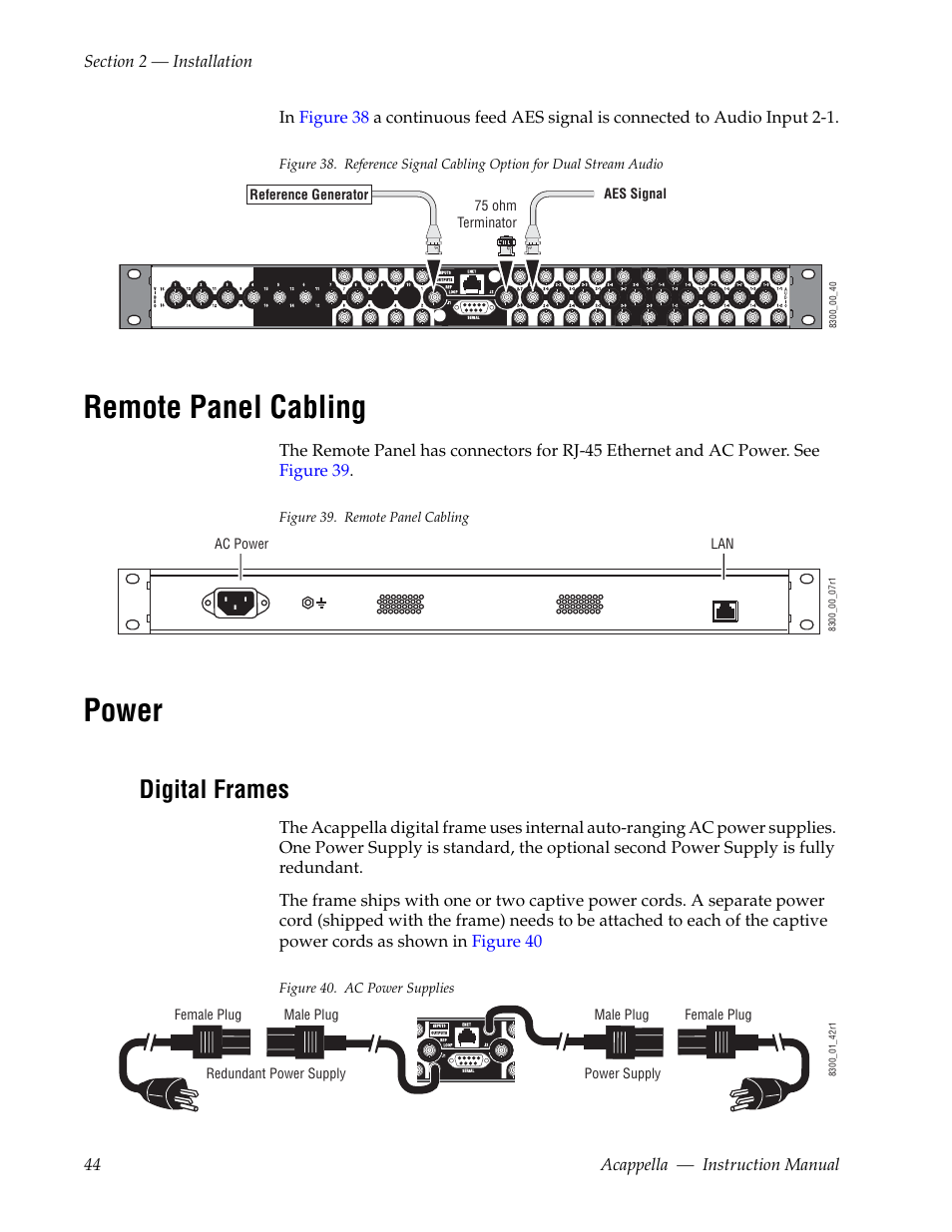 Remote panel cabling, Power, Digital frames | Grass Valley Acappella v.3.2.4 User Manual | Page 44 / 128