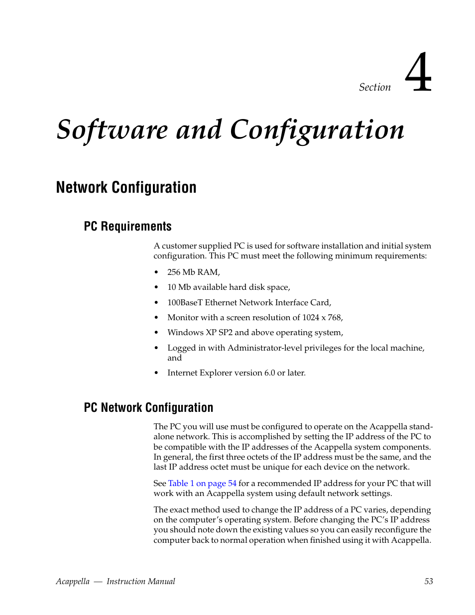 Software and configuration, Network configuration, Pc requirements | Pc network configuration, Section 4 — software and configuration | Grass Valley Acappella v.3.2.4 User Manual | Page 53 / 128