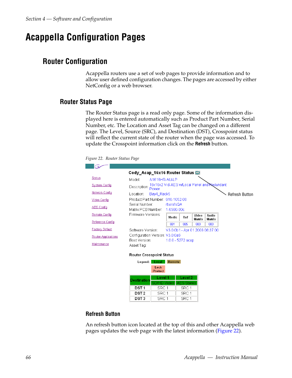 Router configuration, For details, Acappella configuration pages | Grass Valley Acappella v.3.2.4 User Manual | Page 66 / 128