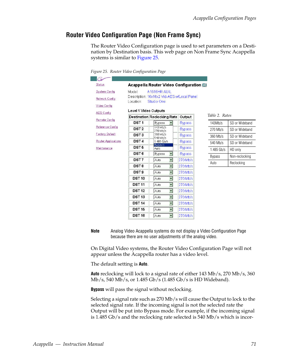 Router video configuration page (non frame sync) | Grass Valley Acappella v.3.2.4 User Manual | Page 71 / 128