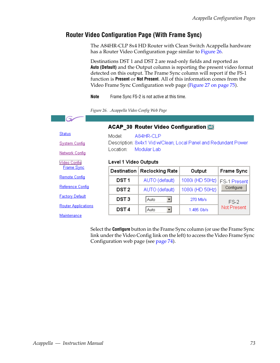 Router video configuration page (with frame sync) | Grass Valley Acappella v.3.2.4 User Manual | Page 73 / 128