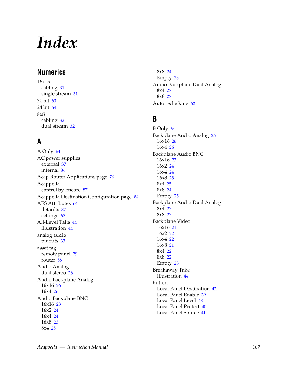 Index, Numerics | Grass Valley Acappella v.3.1.0 User Manual | Page 107 / 110