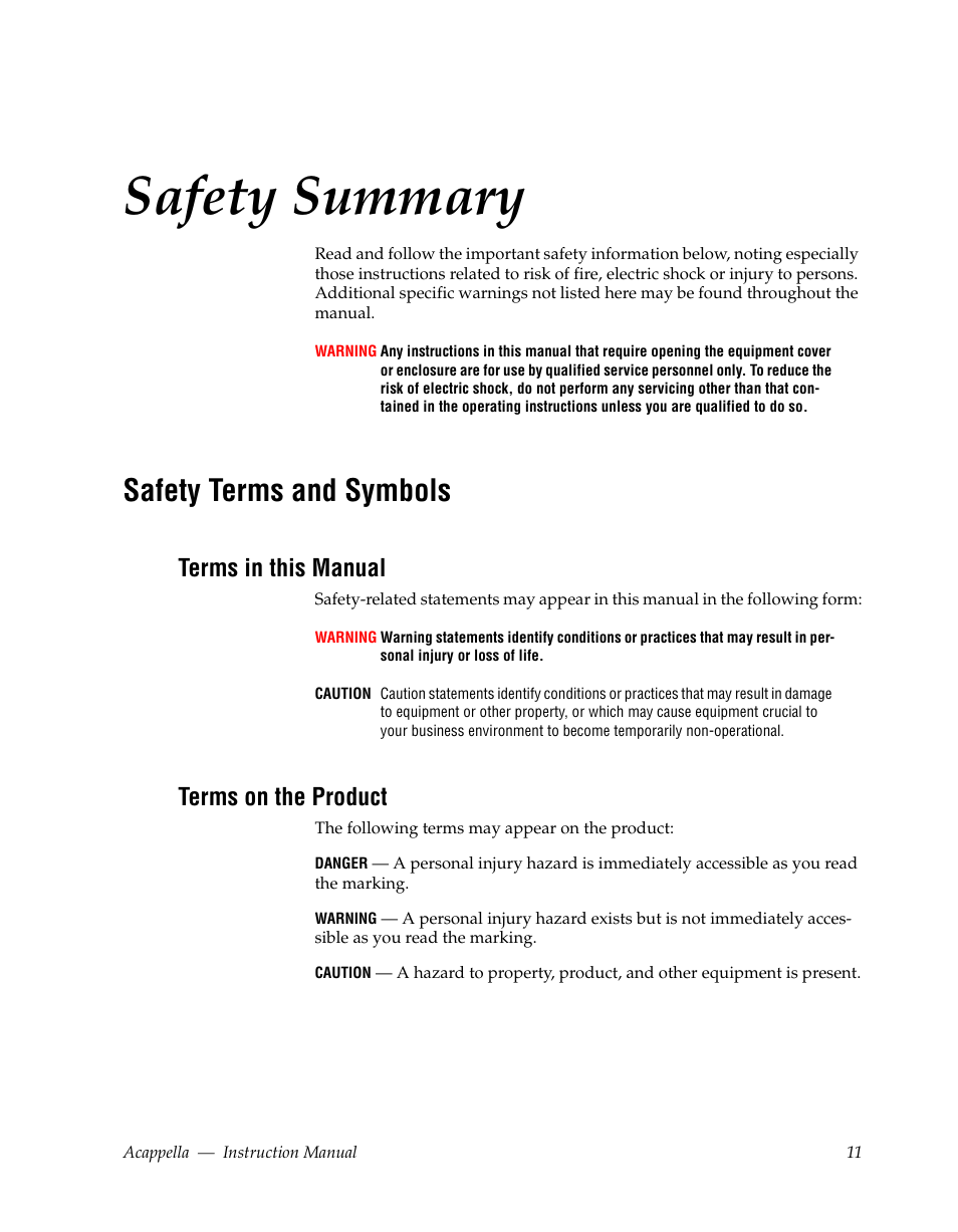 Safety summary, Safety terms and symbols, Terms in this manual | Terms on the product | Grass Valley Acappella v.3.1.0 User Manual | Page 11 / 110