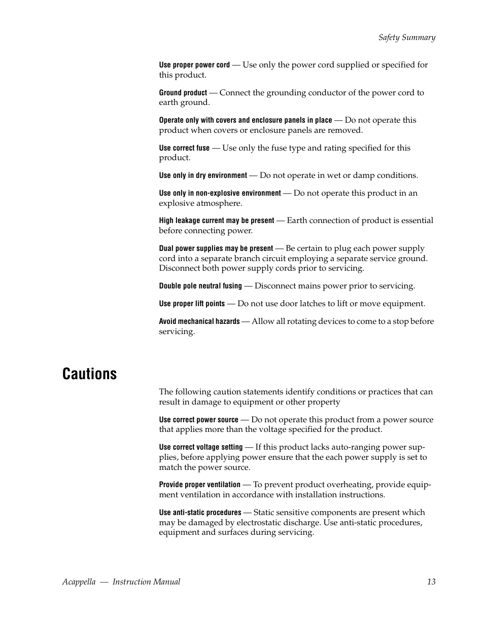 Cautions | Grass Valley Acappella v.3.1.0 User Manual | Page 13 / 110