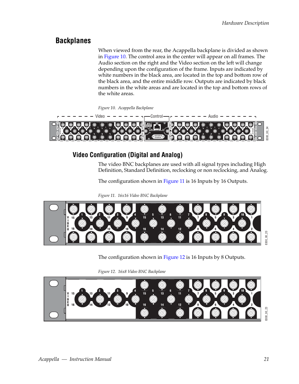 Backplanes, Video configuration (digital and analog) | Grass Valley Acappella v.3.1.0 User Manual | Page 21 / 110