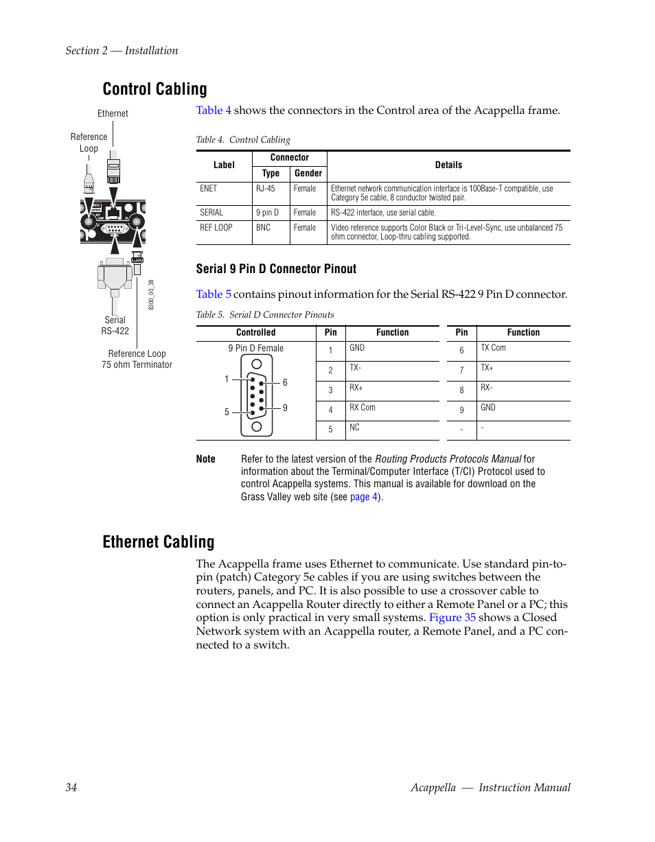 Control cabling, Ethernet cabling, Serial 9 pin d connector pinout | Grass Valley Acappella v.3.1.0 User Manual | Page 34 / 110