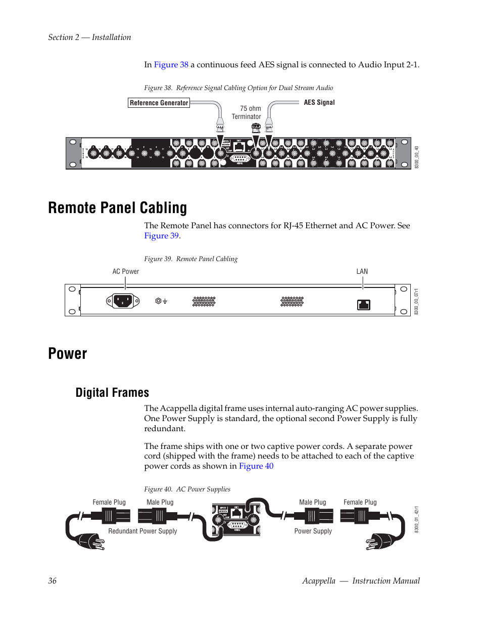 Remote panel cabling, Power, Digital frames | Grass Valley Acappella v.3.1.0 User Manual | Page 36 / 110