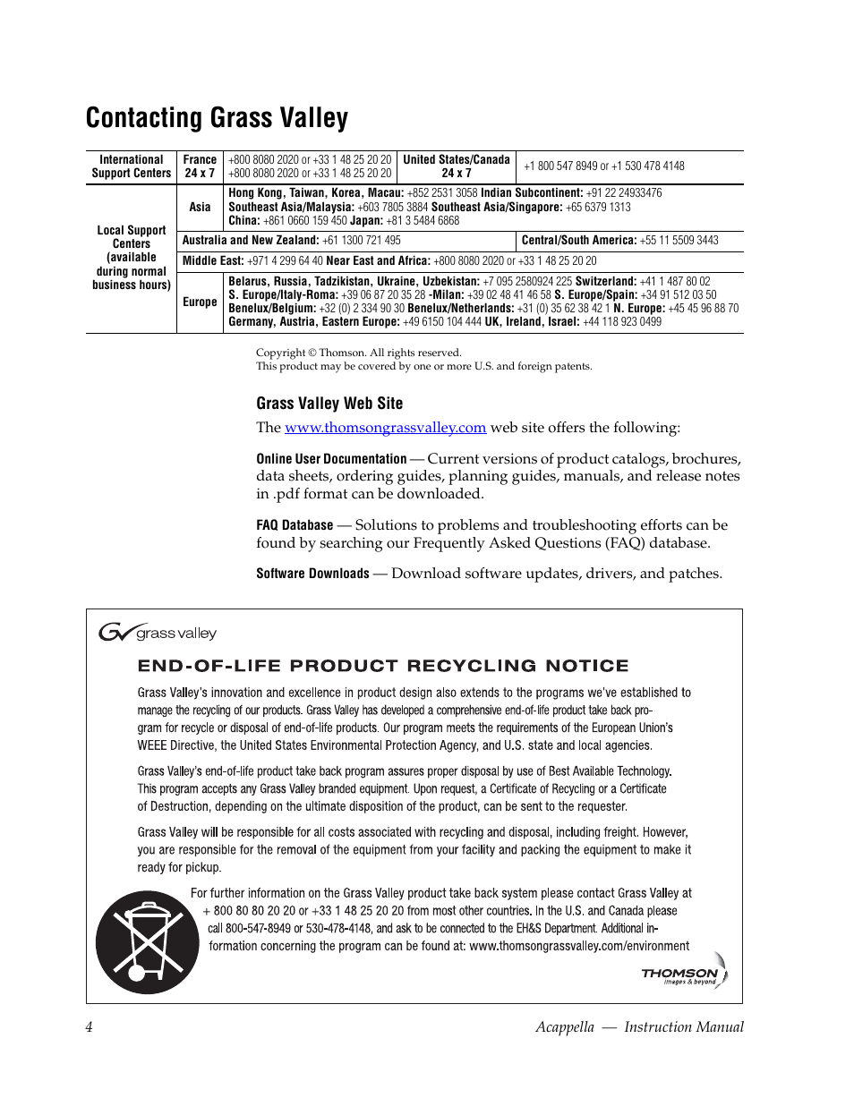 Contacting grass valley | Grass Valley Acappella v.3.1.0 User Manual | Page 4 / 110