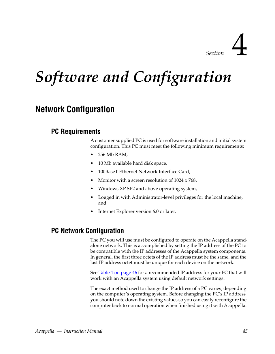 Software and configuration, Network configuration, Pc requirements | Pc network configuration, Section 4 — software and configuration | Grass Valley Acappella v.3.1.0 User Manual | Page 45 / 110