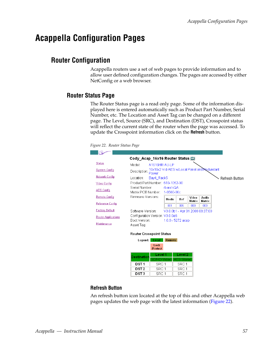 Router configuration, Acappella configuration pages | Grass Valley Acappella v.3.1.0 User Manual | Page 57 / 110