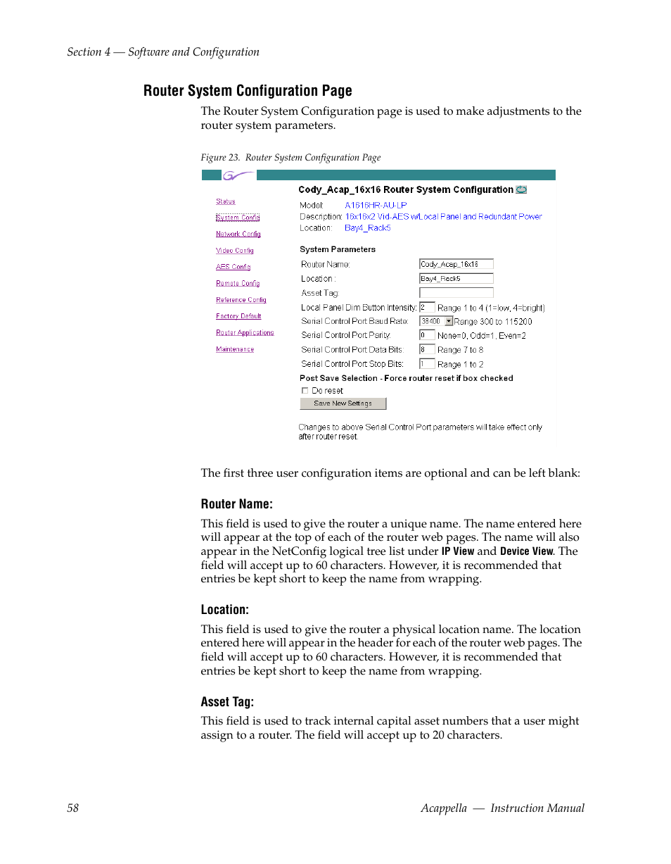 Router system configuration page | Grass Valley Acappella v.3.1.0 User Manual | Page 58 / 110