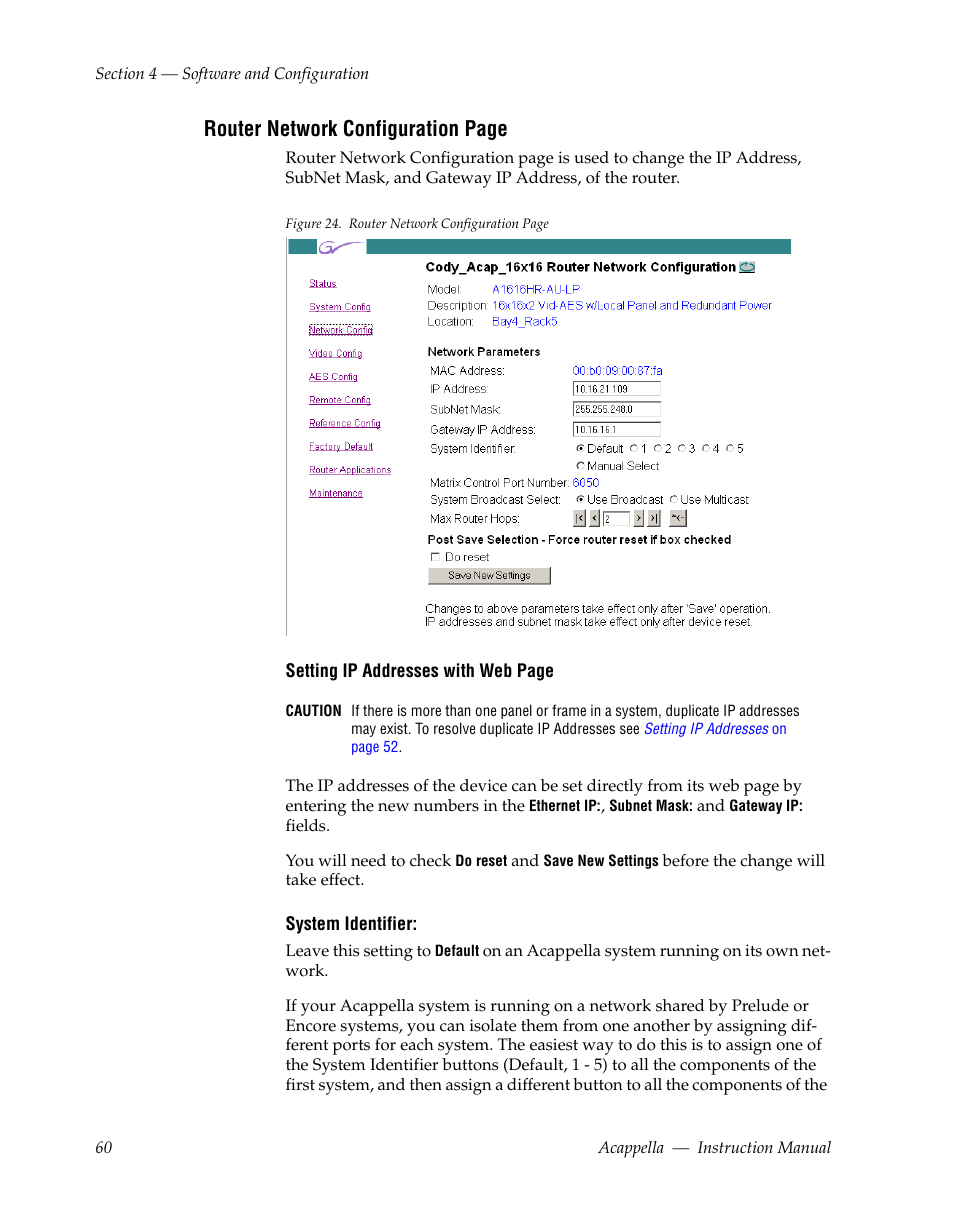 Router network configuration page | Grass Valley Acappella v.3.1.0 User Manual | Page 60 / 110