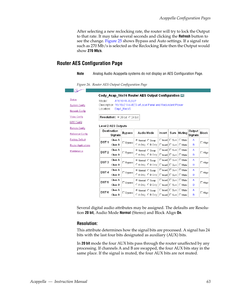 Router aes configuration page | Grass Valley Acappella v.3.1.0 User Manual | Page 63 / 110