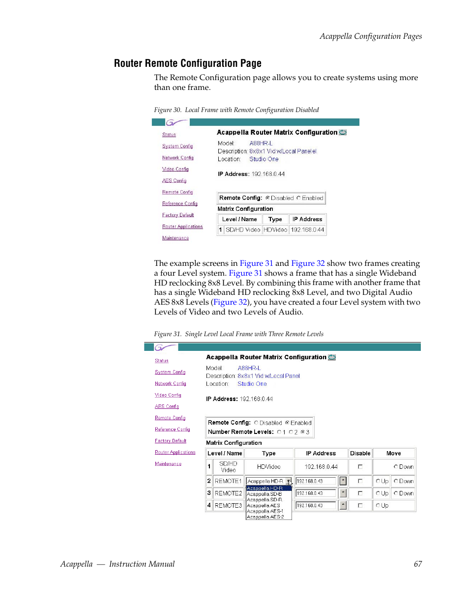 Router remote configuration page | Grass Valley Acappella v.3.1.0 User Manual | Page 67 / 110