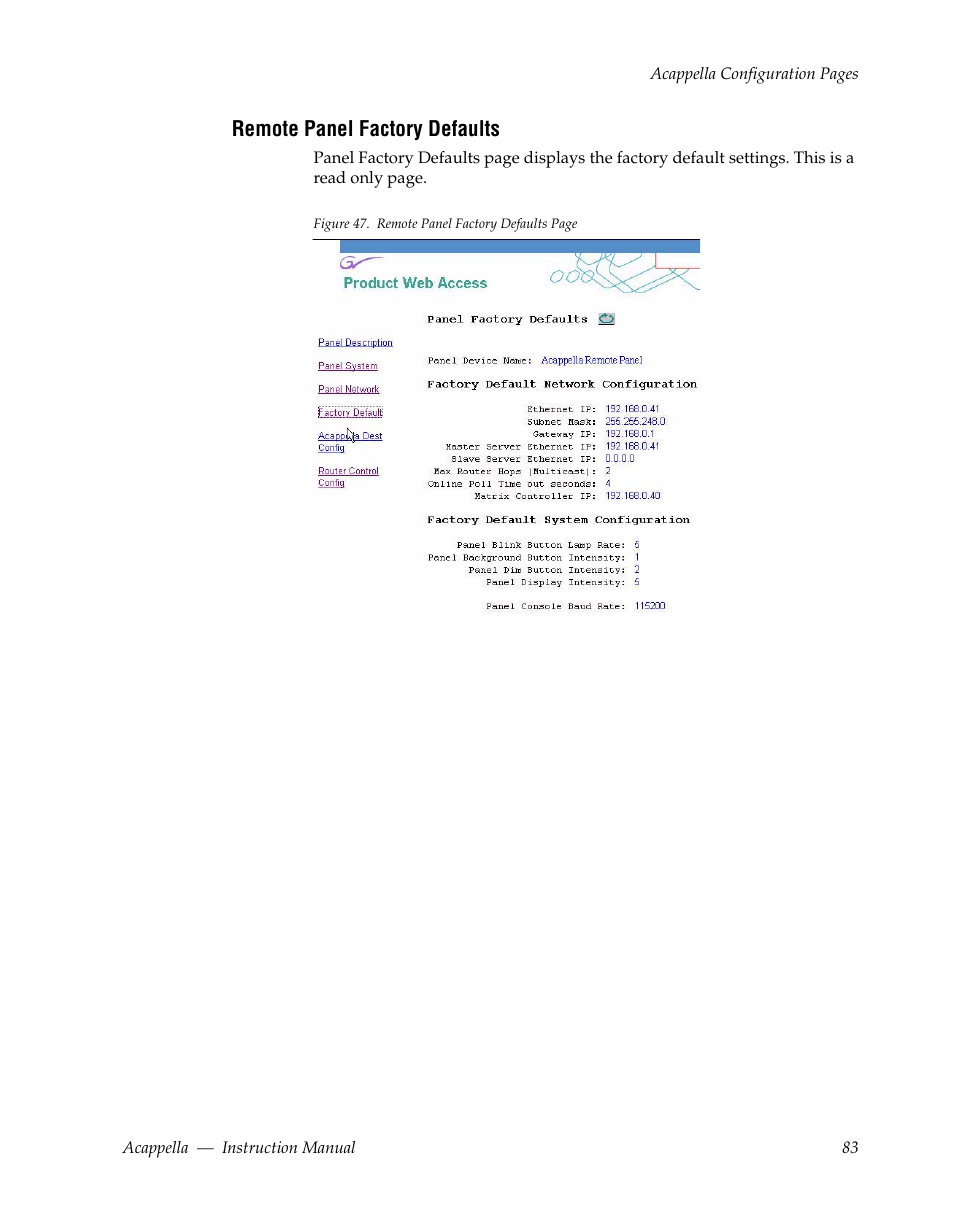 Remote panel factory defaults | Grass Valley Acappella v.3.1.0 User Manual | Page 83 / 110