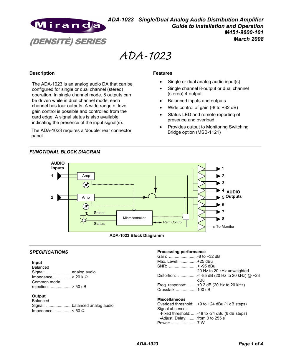 Grass Valley ADA-1023 User Manual | 4 pages