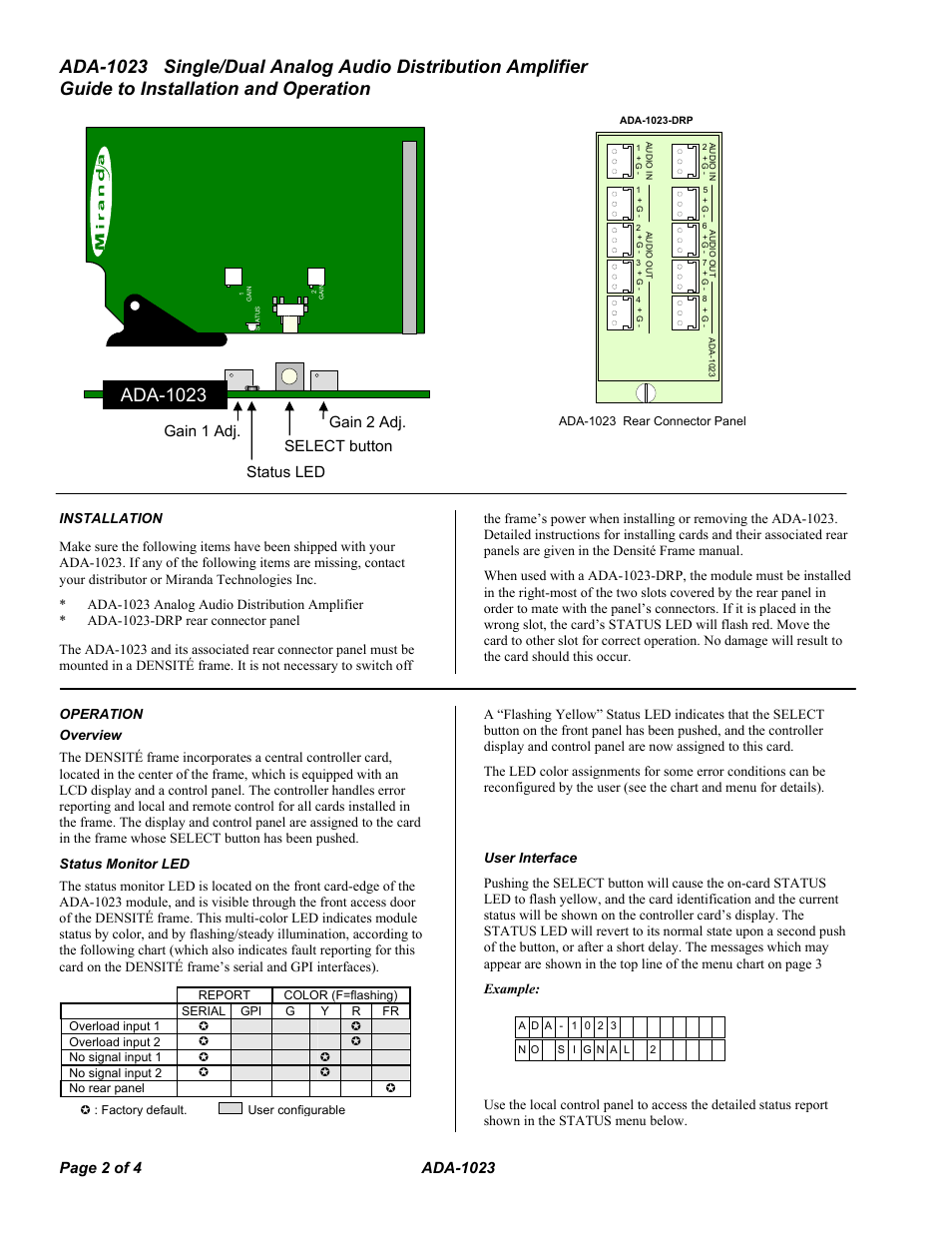 Ada-1023, Status led select button, Gain 1 adj. gain 2 adj | Grass Valley ADA-1023 User Manual | Page 2 / 4