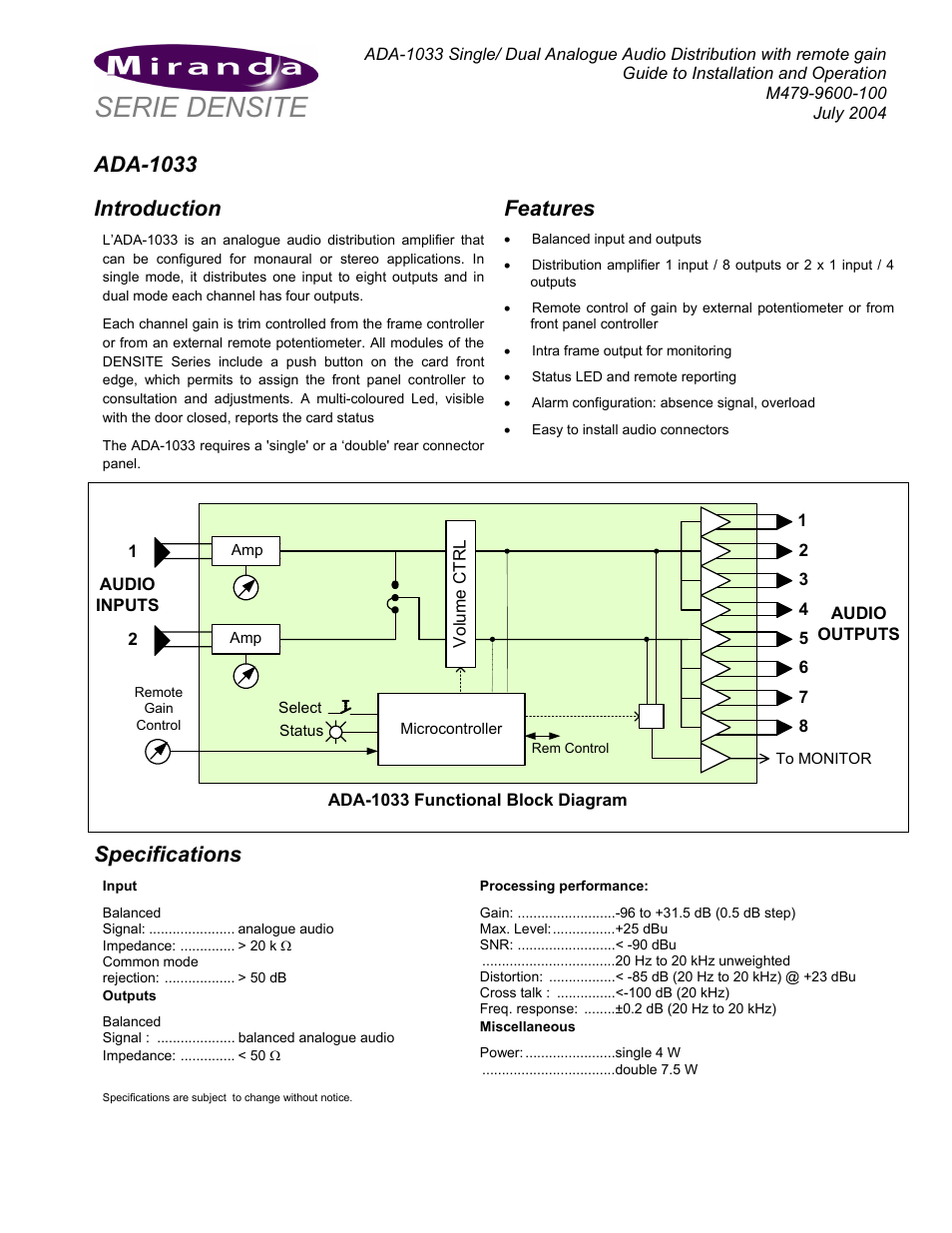 Grass Valley ADA-1033 User Manual | 4 pages