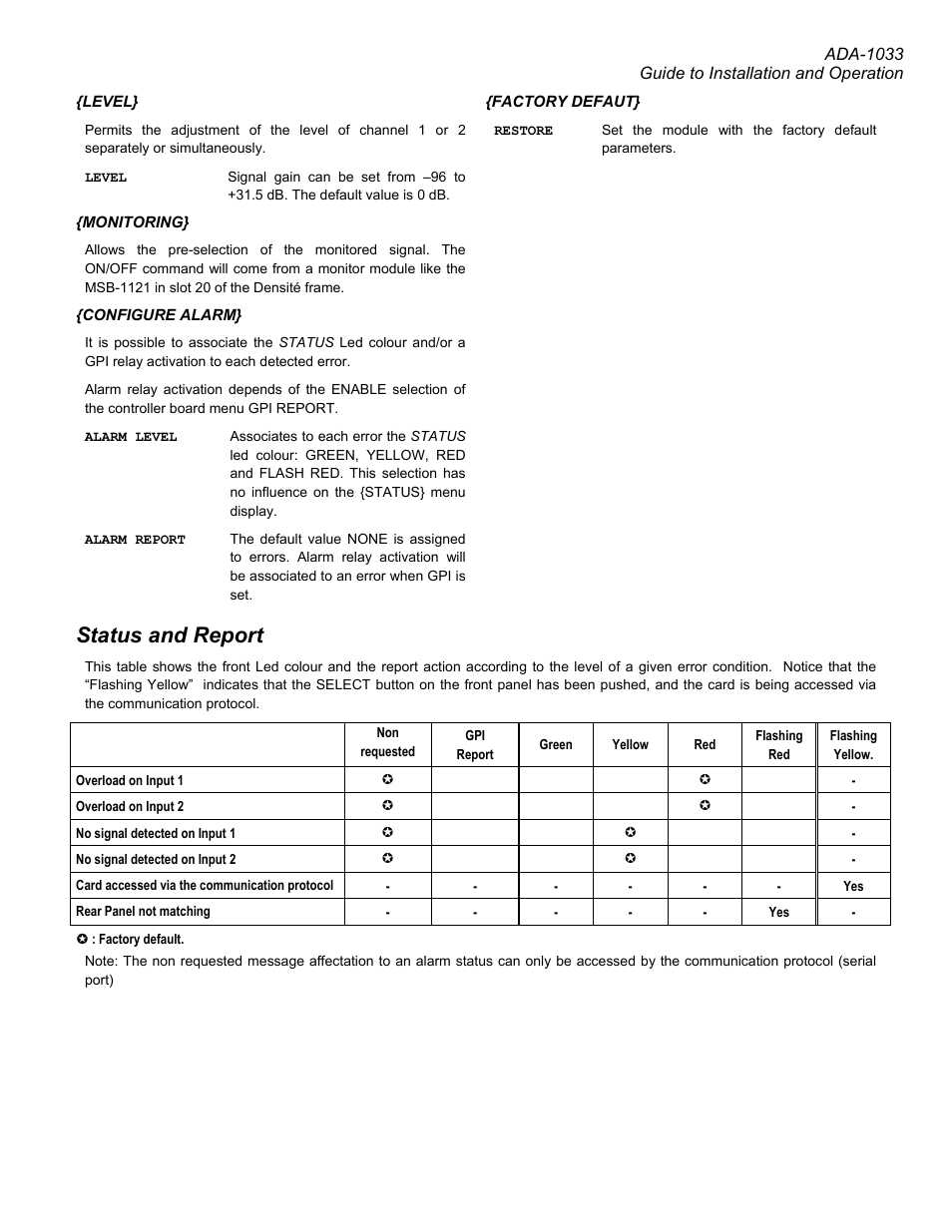 Status and report | Grass Valley ADA-1033 User Manual | Page 3 / 4