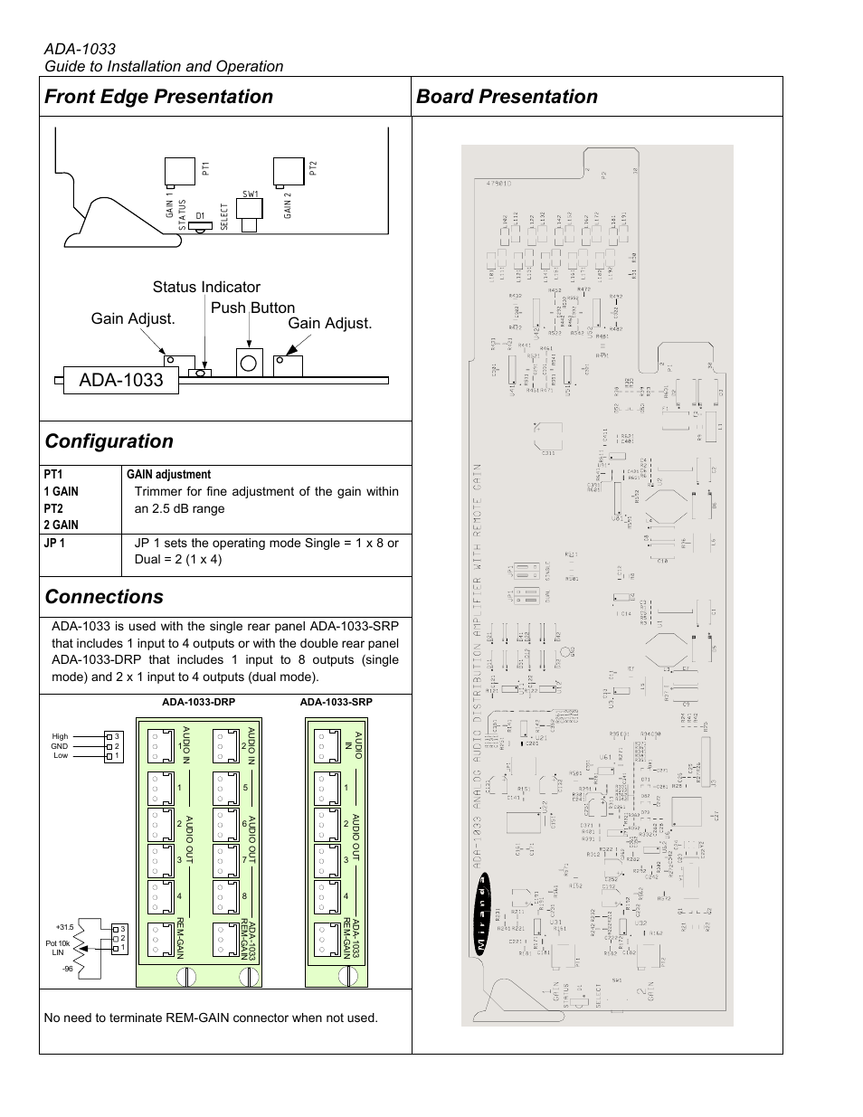 Connections, Ada-1033, Ada-1033 guide to installation and operation | Push button, Status indicator, Gain adjust | Grass Valley ADA-1033 User Manual | Page 4 / 4