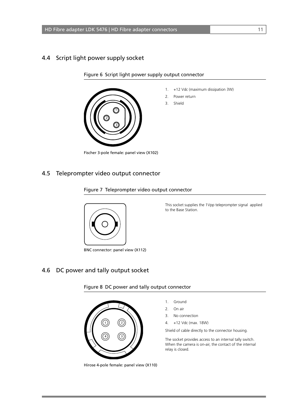 4 script light power supply socket, 5 teleprompter video output connector, 6 dc power and tally output socket | Script light power supply socket, Teleprompter video output connector, Dc power and tally output socket | Grass Valley LDK 5476 User Manual | Page 11 / 16