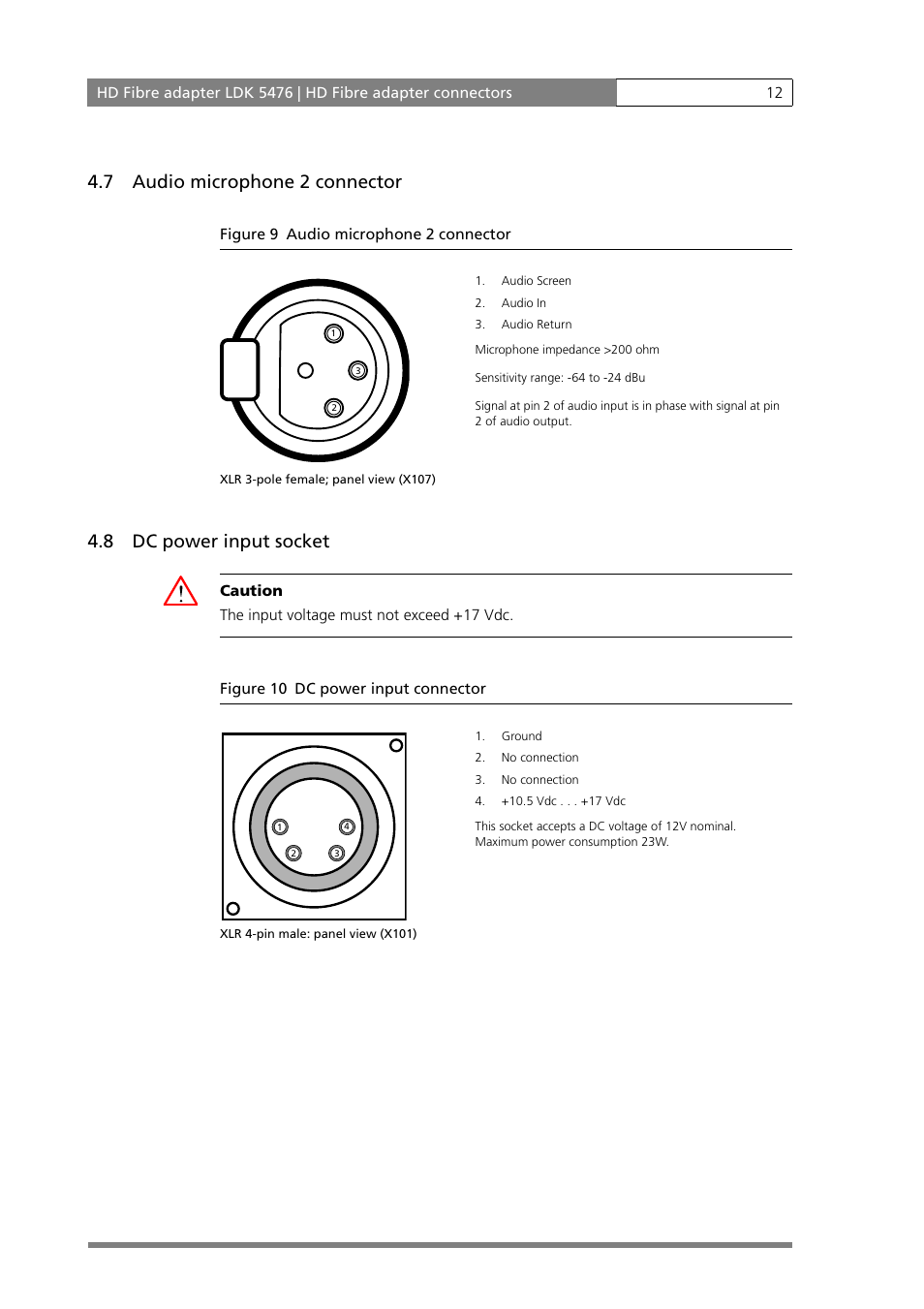 7 audio microphone 2 connector, 8 dc power input socket, Audio microphone 2 connector | Dc power input socket | Grass Valley LDK 5476 User Manual | Page 12 / 16