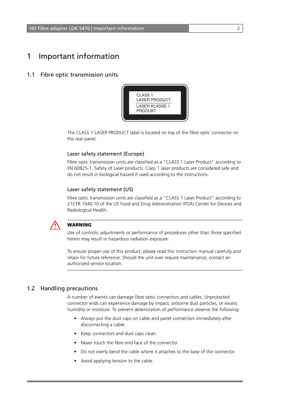 1 important information, 1 fibre optic transmission units, 2 handling precautions | Grass Valley LDK 5476 User Manual | Page 2 / 16