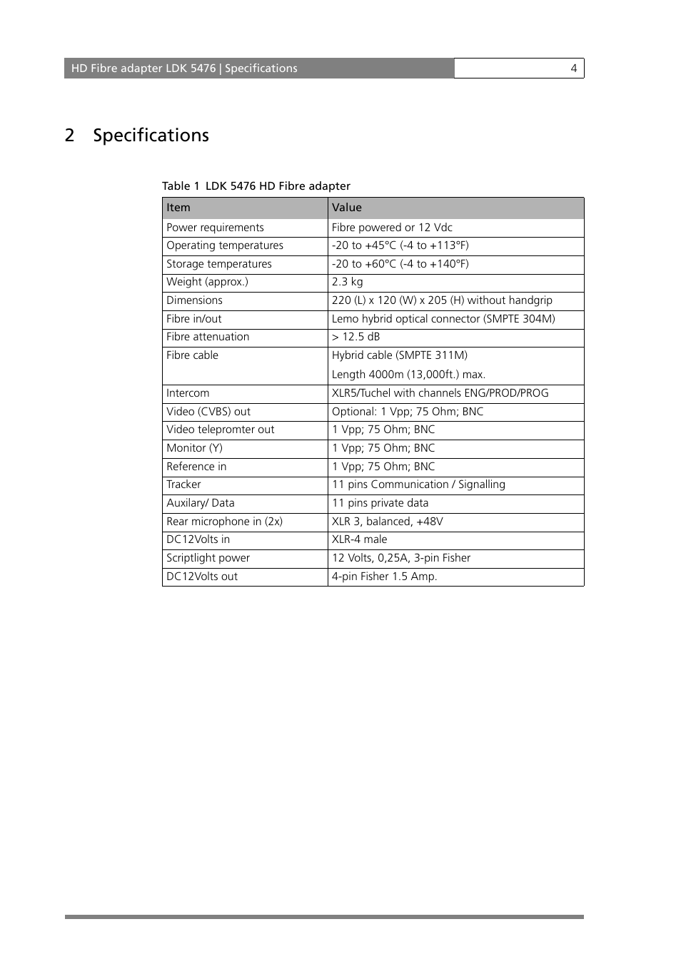 2 specifications | Grass Valley LDK 5476 User Manual | Page 4 / 16