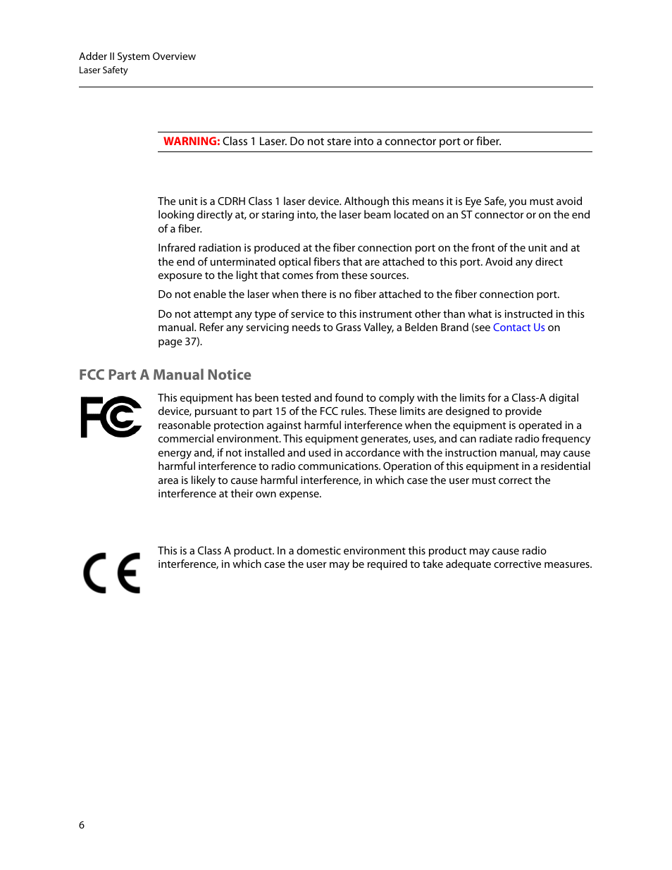 Laser safety, Laser radiation, Fcc part a manual notice | Ce approved, Laser safety laser radiation | Grass Valley Adder II User Manual | Page 10 / 41
