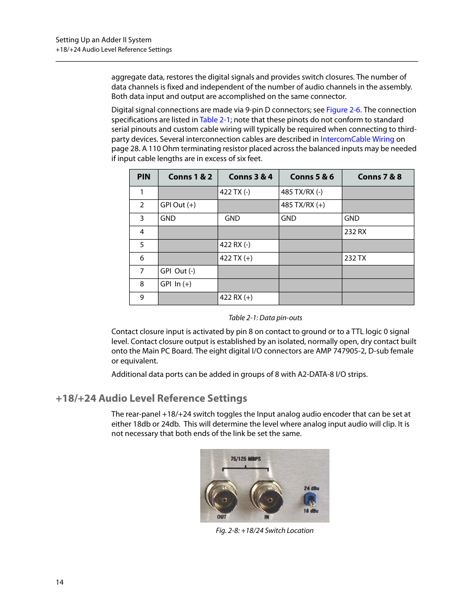 18/+24 audio level reference settings, And in, Table 2-1 | Grass Valley Adder II User Manual | Page 18 / 41