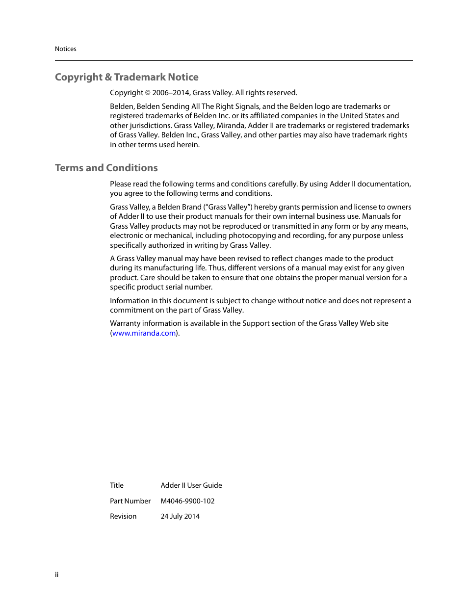 Copyright & trademark notice, Terms and conditions | Grass Valley Adder II User Manual | Page 2 / 41