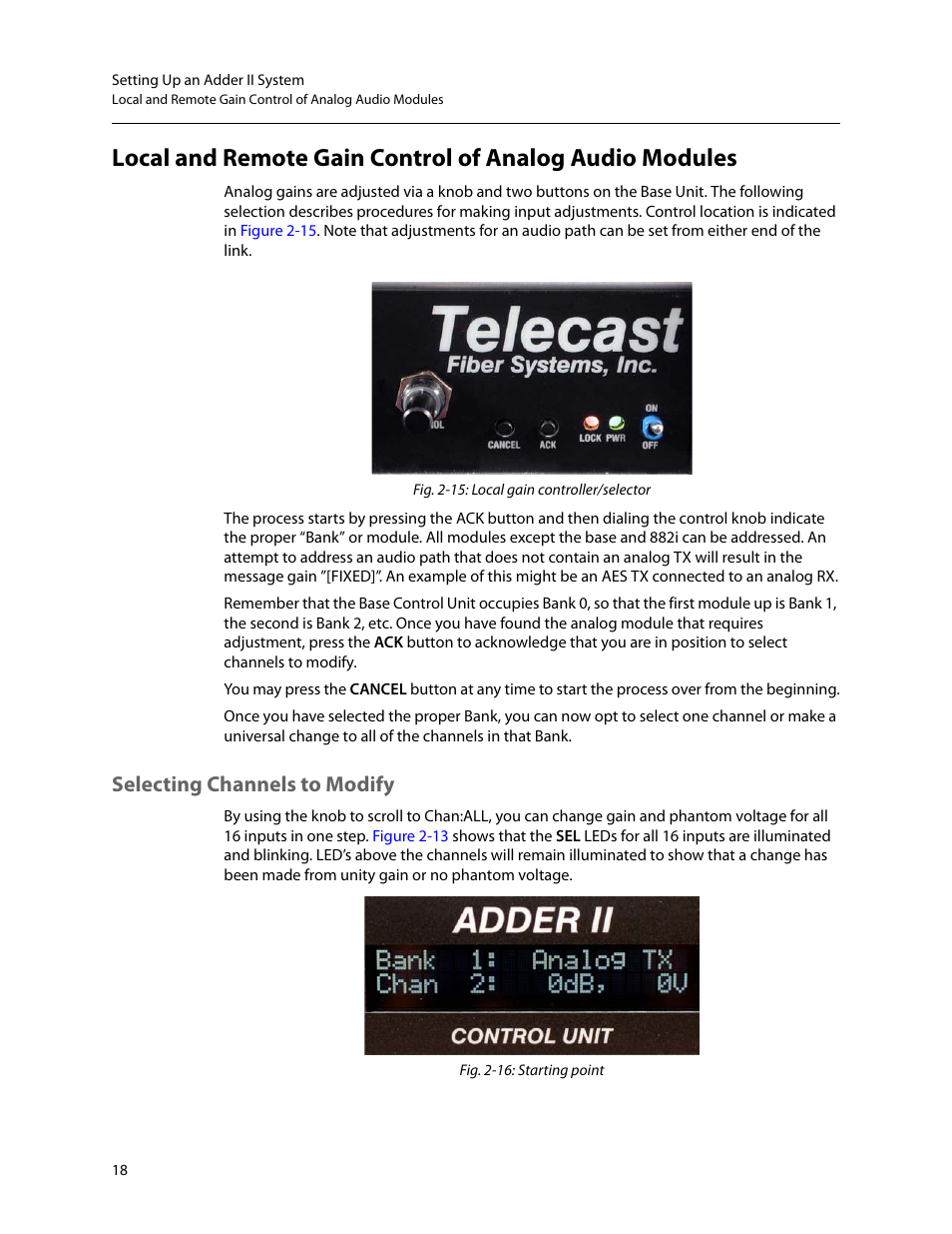 Selecting channels to modify, Les (see, Local and remote gain | Control of analog audio modules | Grass Valley Adder II User Manual | Page 22 / 41
