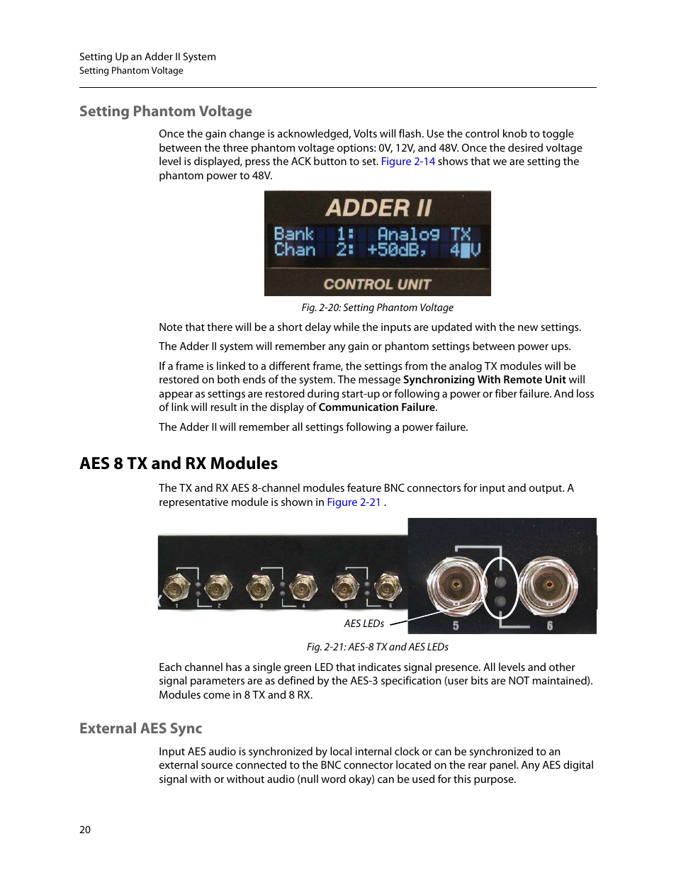 Setting phantom voltage, Aes 8 tx and rx modules, External aes sync | Grass Valley Adder II User Manual | Page 24 / 41