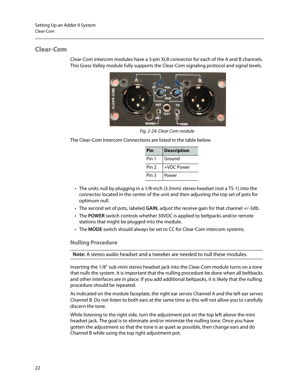 Clear-com, Nulling procedure | Grass Valley Adder II User Manual | Page 26 / 41