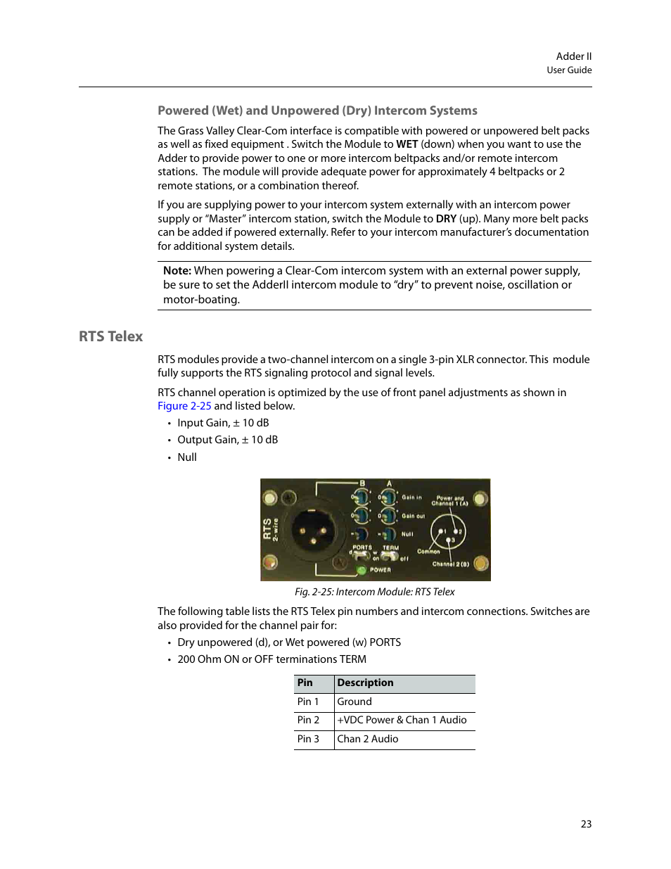 Powered (wet) and unpowered (dry) intercom systems, Rts telex | Grass Valley Adder II User Manual | Page 27 / 41