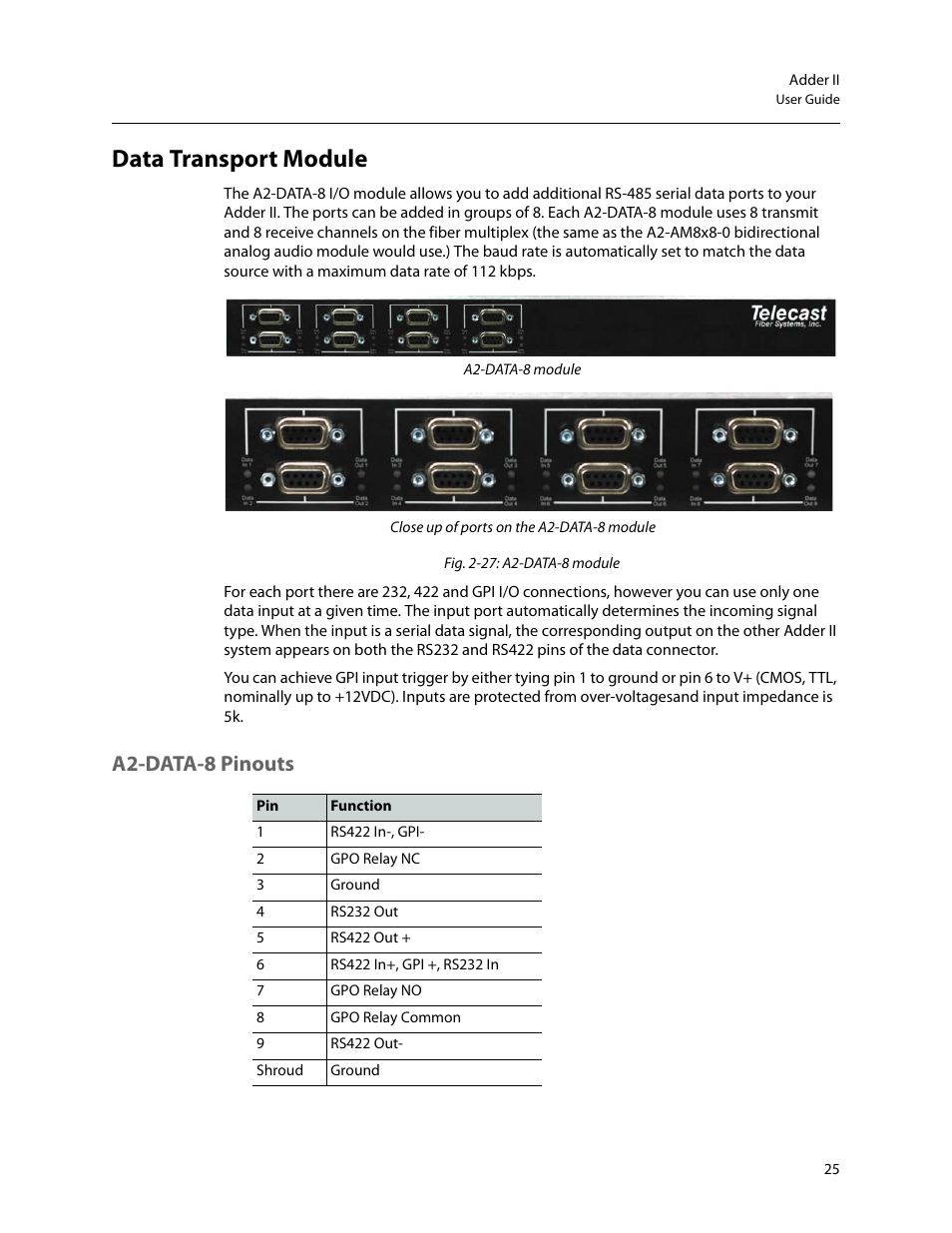 Data transport module, A2-data-8 pinouts | Grass Valley Adder II User Manual | Page 29 / 41