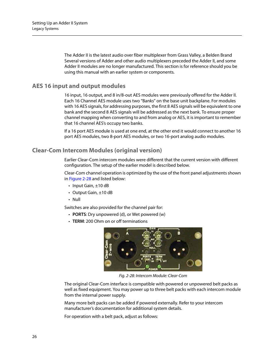 Legacy systems, Aes 16 input and output modules, Clear-com intercom modules (original version) | Grass Valley Adder II User Manual | Page 30 / 41