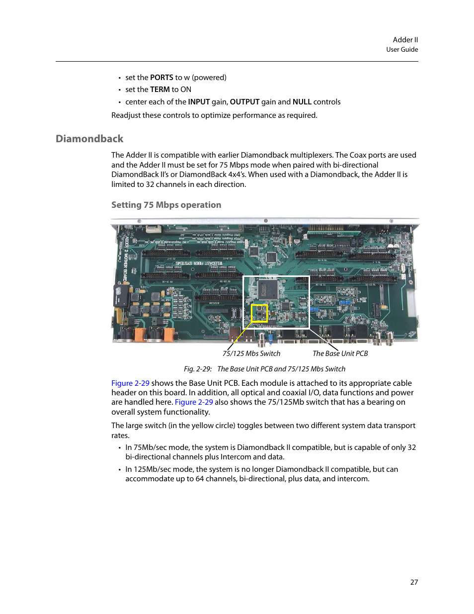 Diamondback, Setting 75 mbps operation | Grass Valley Adder II User Manual | Page 31 / 41