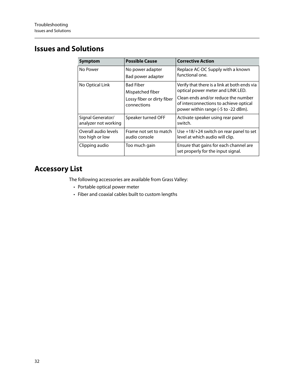Issues and solutions, Accessory list, Issues and solutions accessory list | Grass Valley Adder II User Manual | Page 36 / 41