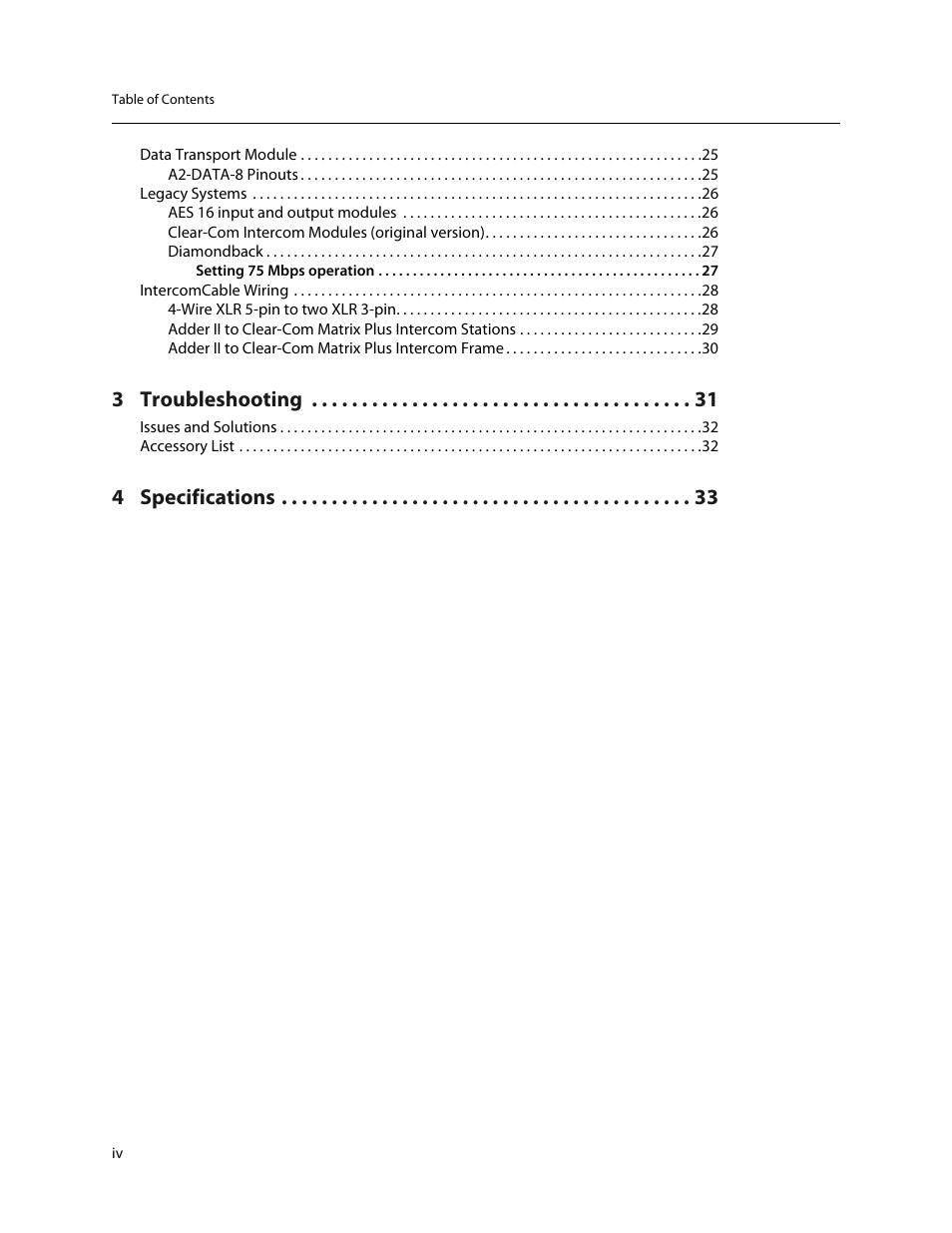 3 troubleshooting, 4 specifications | Grass Valley Adder II User Manual | Page 4 / 41