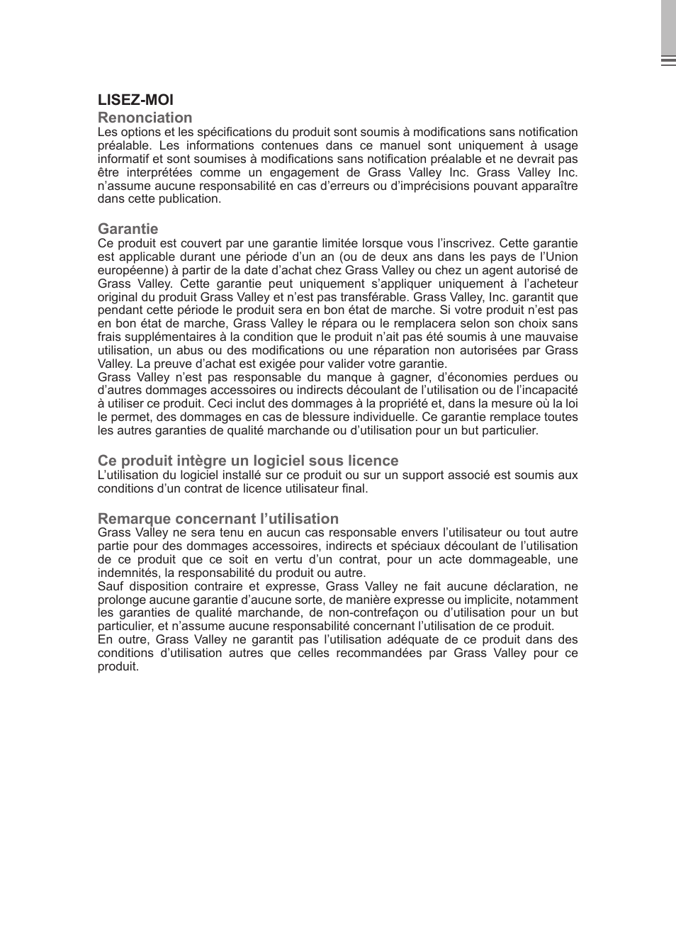 Lisez-moi renonciation, Garantie, Ce produit intègre un logiciel sous licence | Remarque concernant l’utilisation | Grass Valley ADVC G1 User Manual | Page 12 / 32