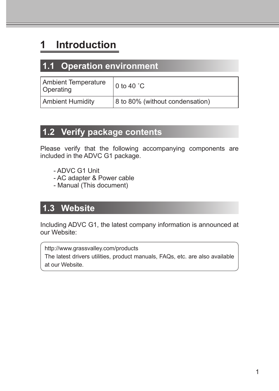 1 introduction, 1 operation environment, 2 verify package contents | 3 website | Grass Valley ADVC G1 User Manual | Page 13 / 32