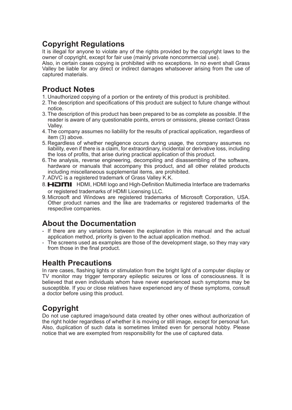 Copyright regulations, About the documentation, Health precautions | Copyright | Grass Valley ADVC G1 User Manual | Page 2 / 32