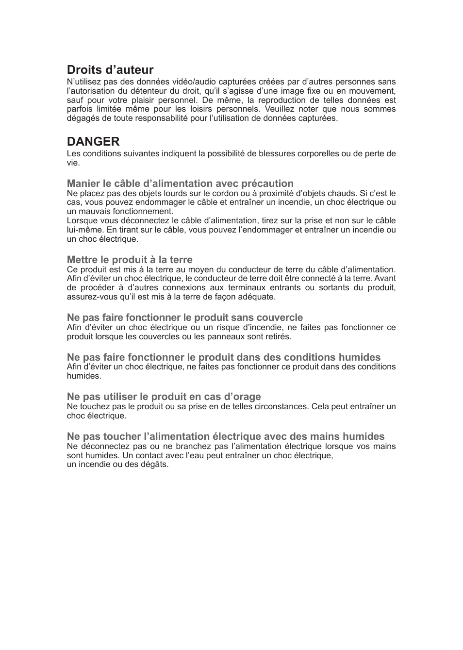 Droits d’auteur, Danger | Grass Valley ADVC G1 User Manual | Page 8 / 32